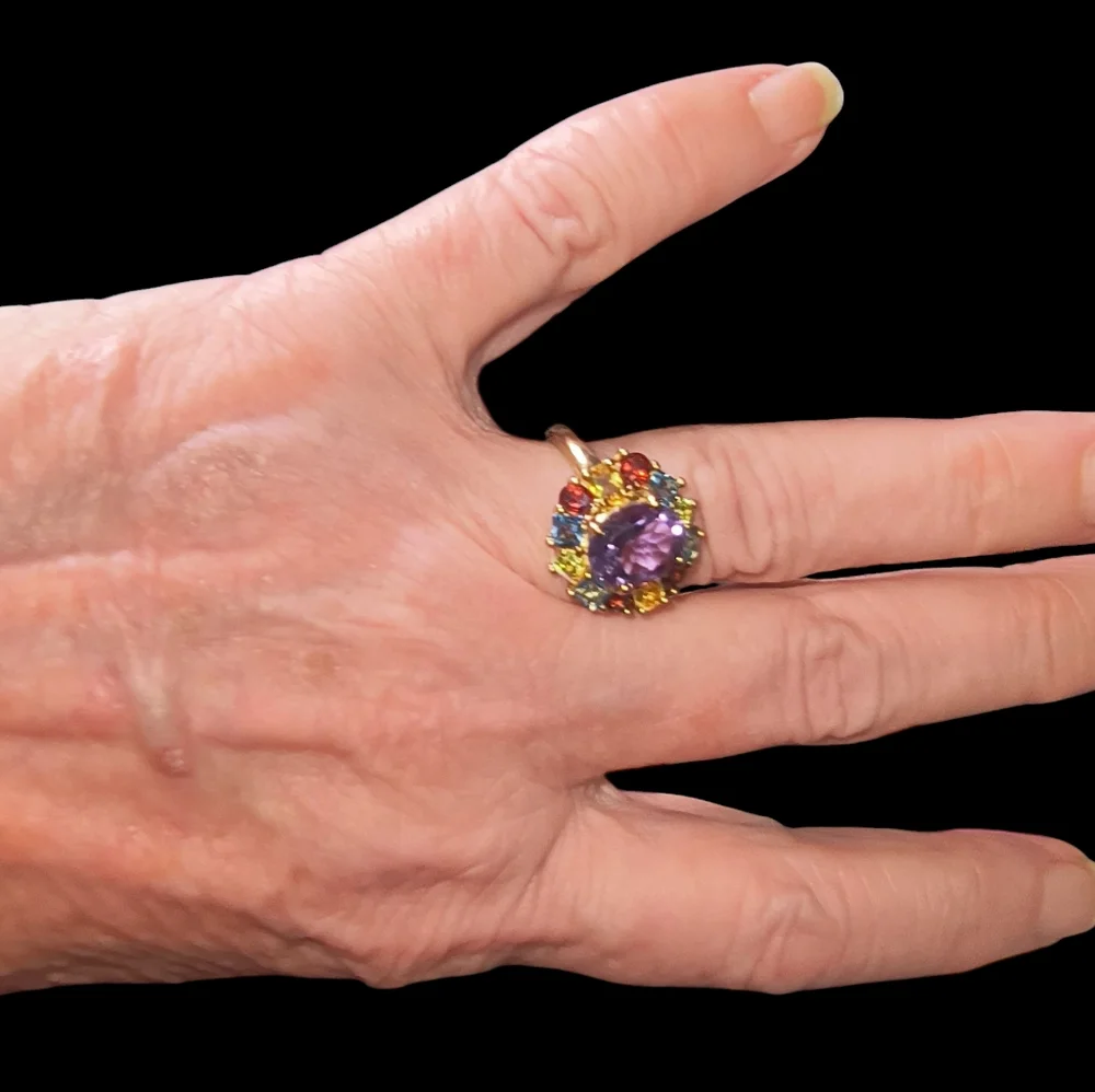 Multi Gemstone 18K Gold Over Sterling Silver Halo Ring